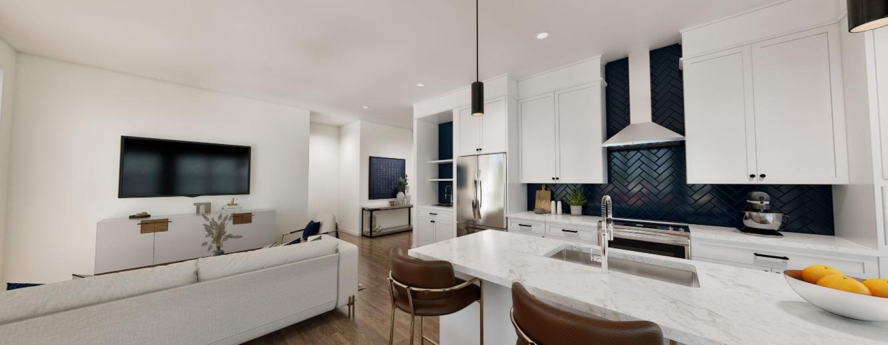 Premium kitchen black backsplash white counters