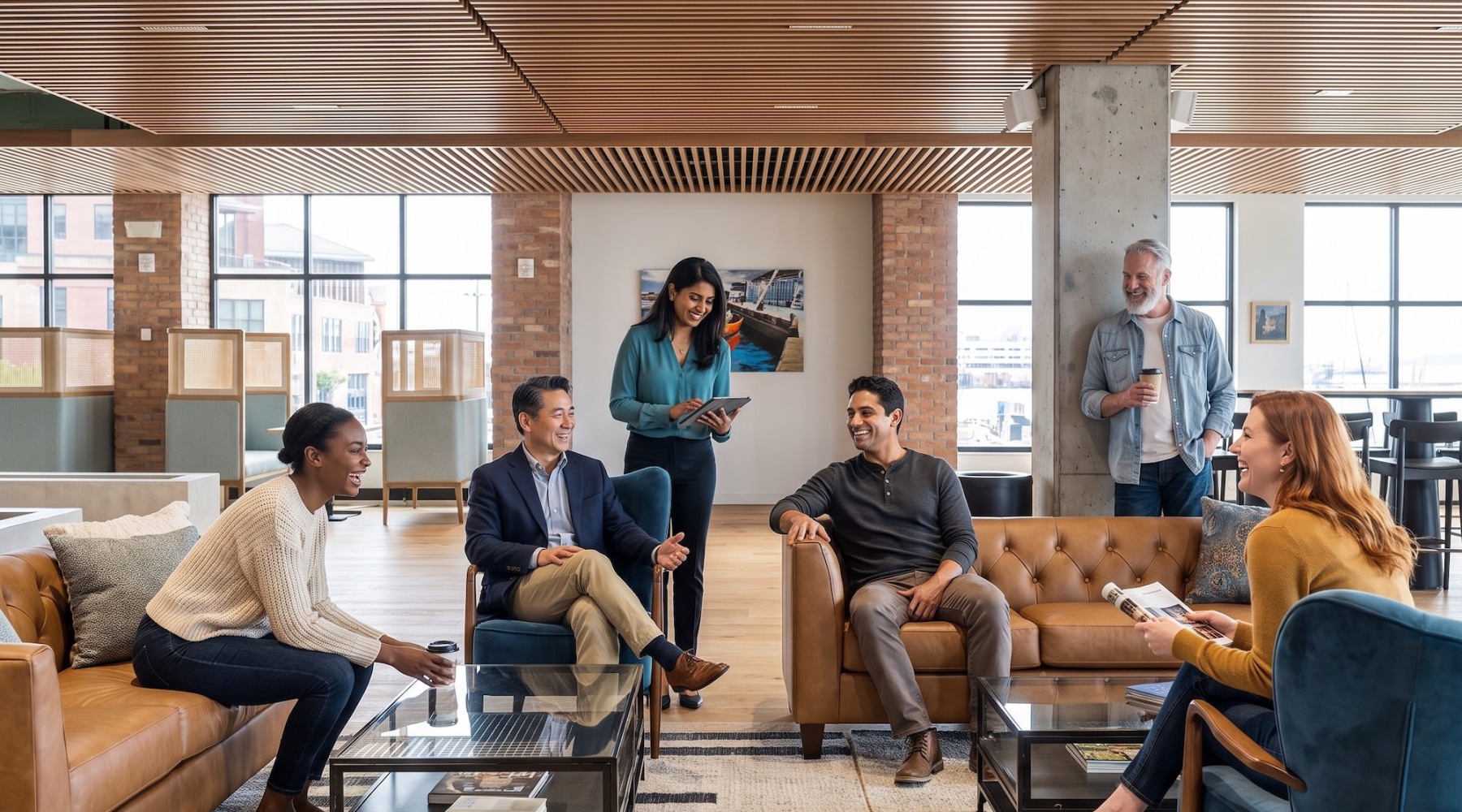 a room of people laughing and chatting