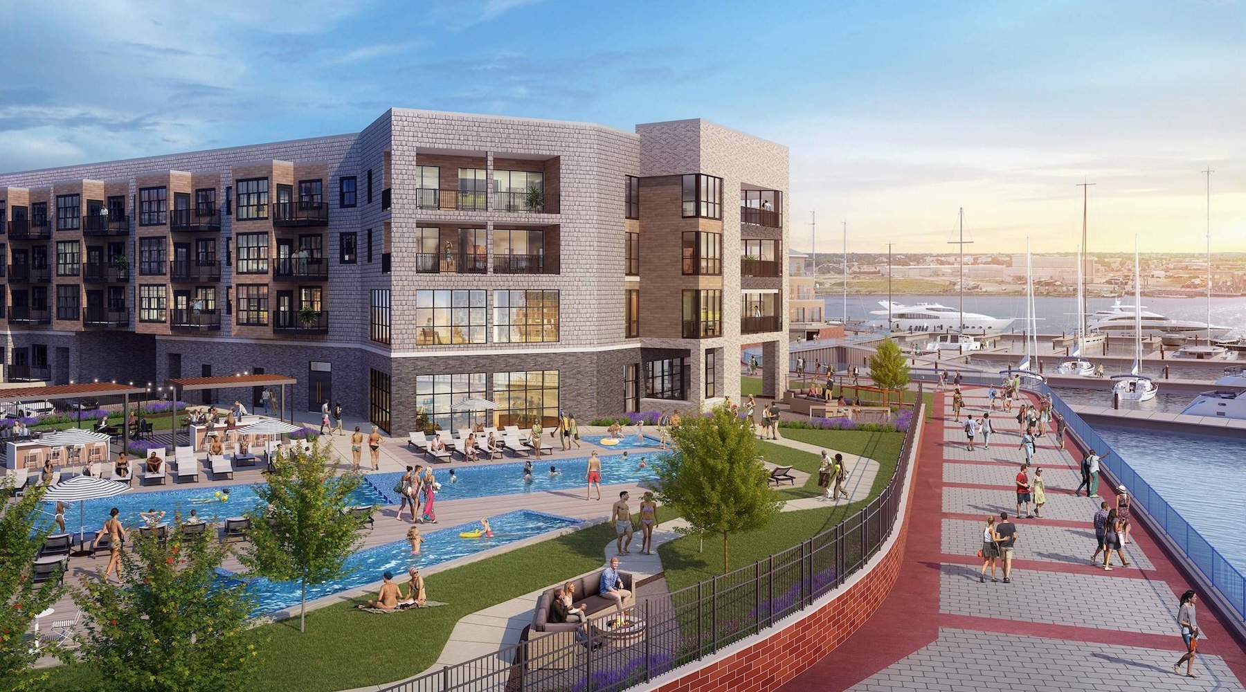 Settle into comfort at Foxtail Commons a park with a body of water in the background