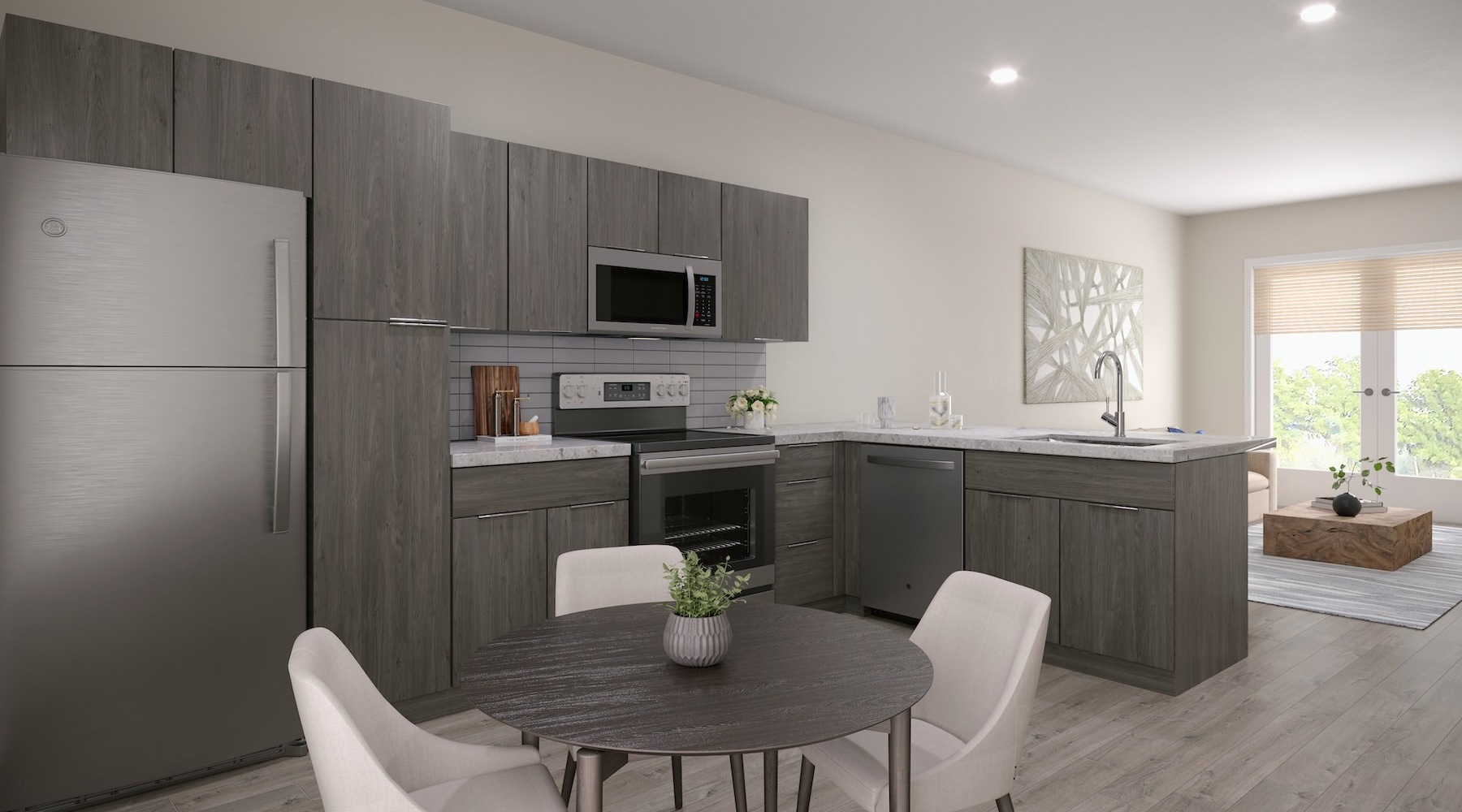 Beautiful kitchens with designer finishes a kitchen with a table and chairs