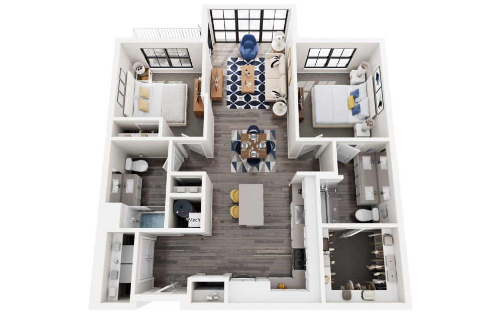 Windward - 2 bedroom floor plans layout with 2 bathrooms and 1067 square feet