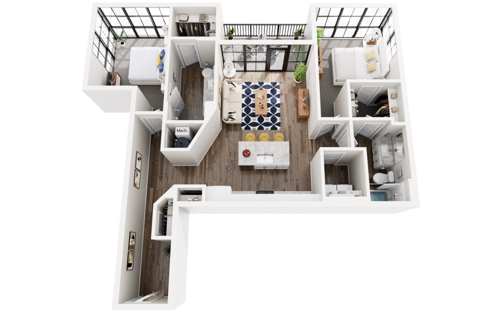 Deep Blue - 2 bedroom floor plans layout with 2 bathrooms and 1128 square feet