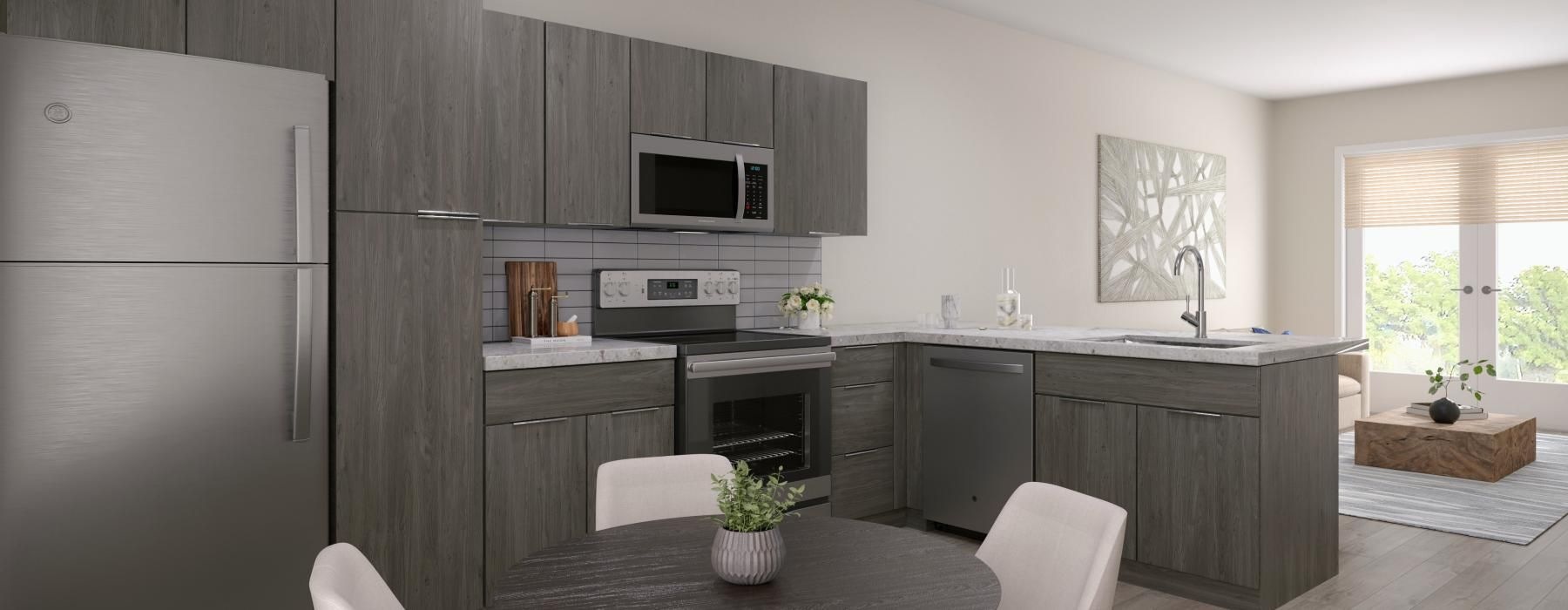 a kitchen with a table and chairs