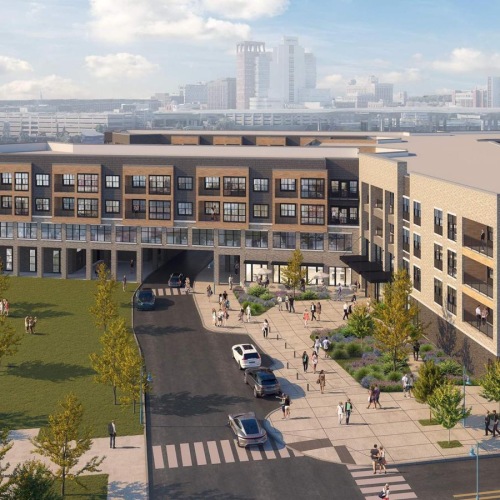 Find your perfect fit at The August a large courtyard with buildings around it